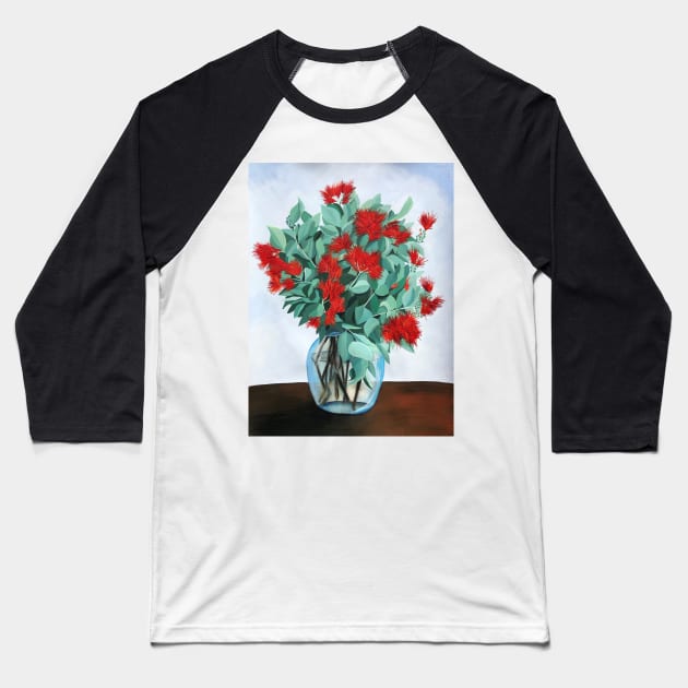 Red Native Flowers in Vase with Ice Blue Background Baseball T-Shirt by leahgay